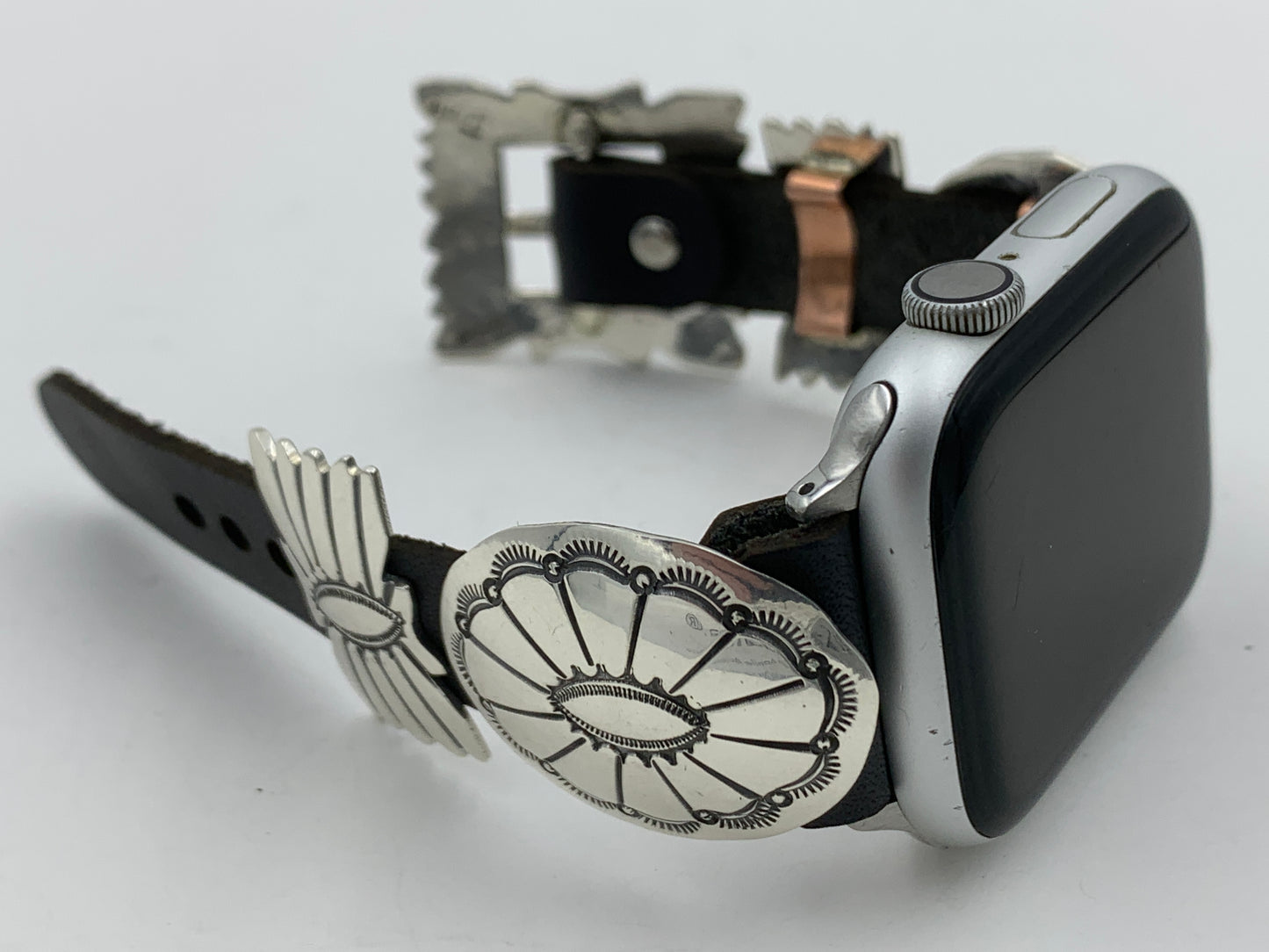 Jeanette Dale 42/44/45mm Sterling Silver Concho Leather Apple Watch Band #39
