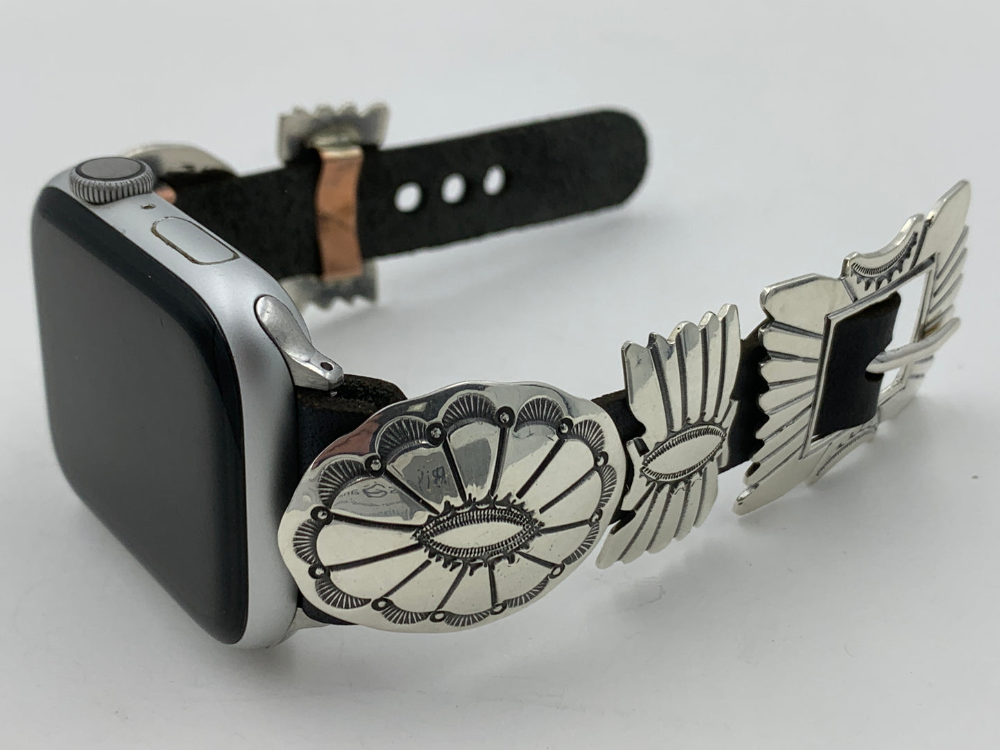 Jeanette Dale 42/44/45mm Sterling Silver Concho Leather Apple Watch Band #39