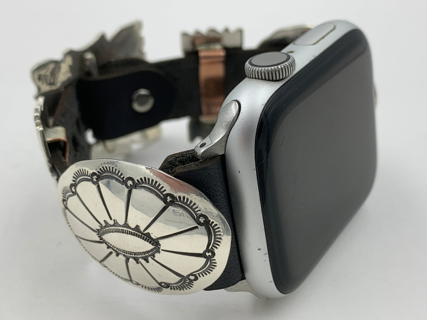 Jeanette Dale 42/44/45mm Sterling Silver Concho Leather Apple Watch Band #39