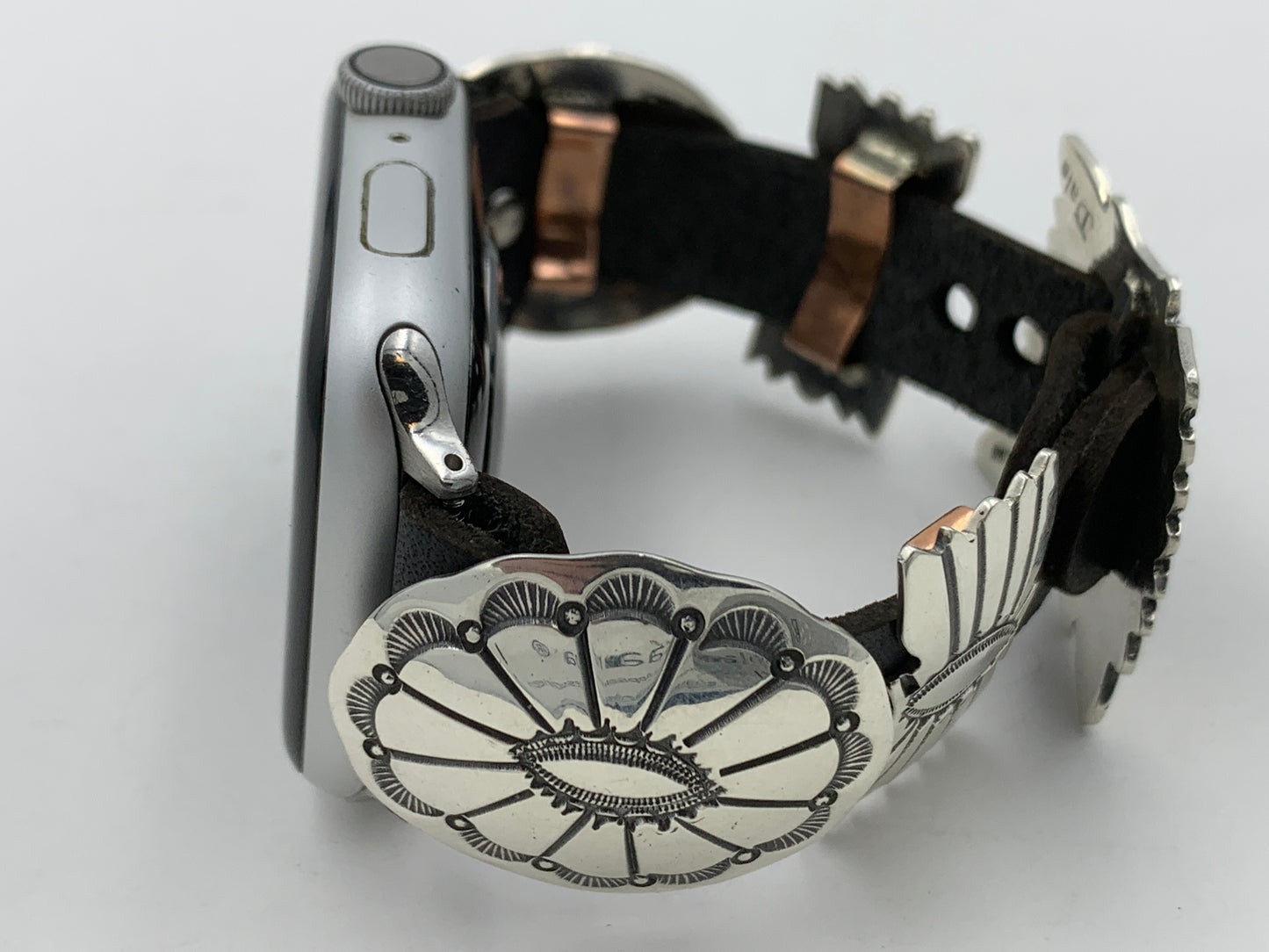 Jeanette Dale 42/44/45mm Sterling Silver Concho Leather Apple Watch Band #39