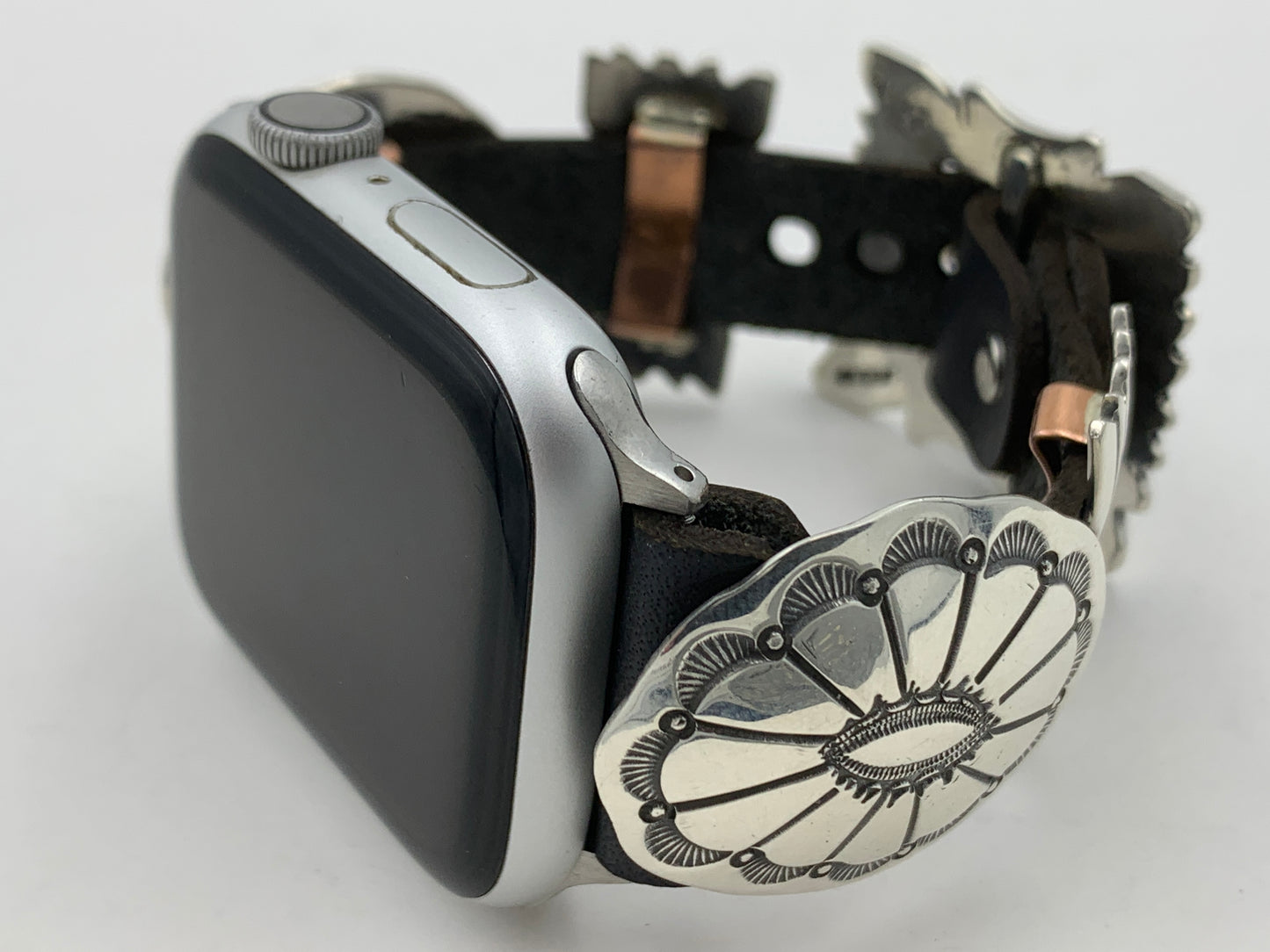 Jeanette Dale 42/44/45mm Sterling Silver Concho Leather Apple Watch Band #39