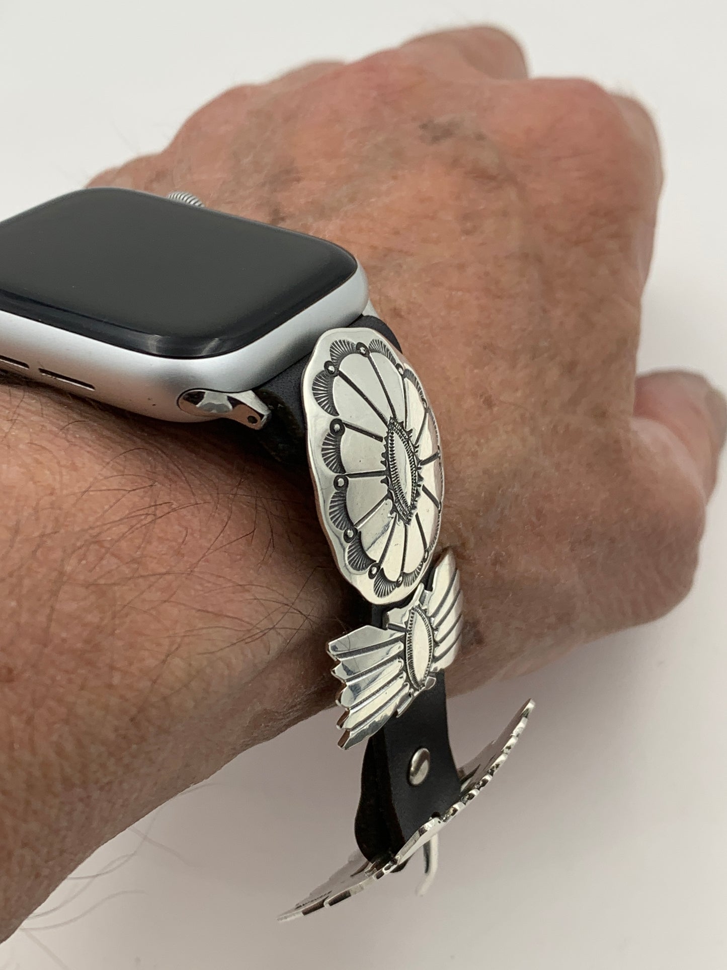 Jeanette Dale 42/44/45mm Sterling Silver Concho Leather Apple Watch Band #39