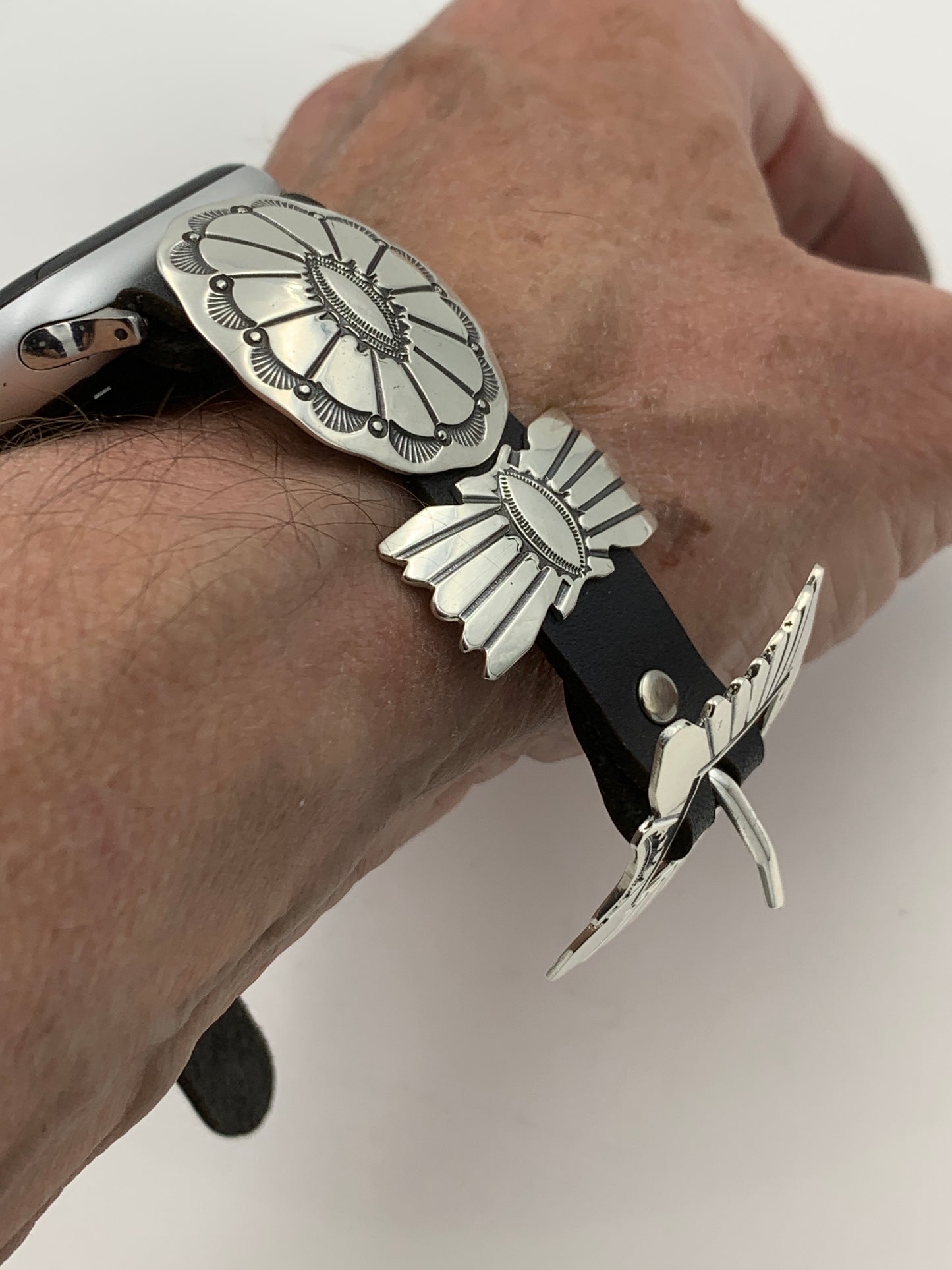 Jeanette Dale 42/44/45mm Sterling Silver Concho Leather Apple Watch Band #39