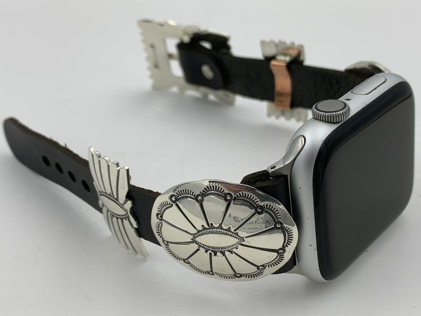 Jeanette Dale 42/44/45mm Sterling Silver Concho Leather Apple Watch Band #40