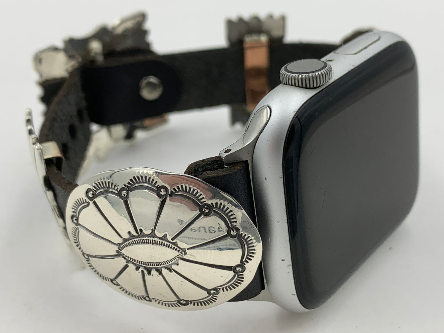 Jeanette Dale 42/44/45mm Sterling Silver Concho Leather Apple Watch Band #40