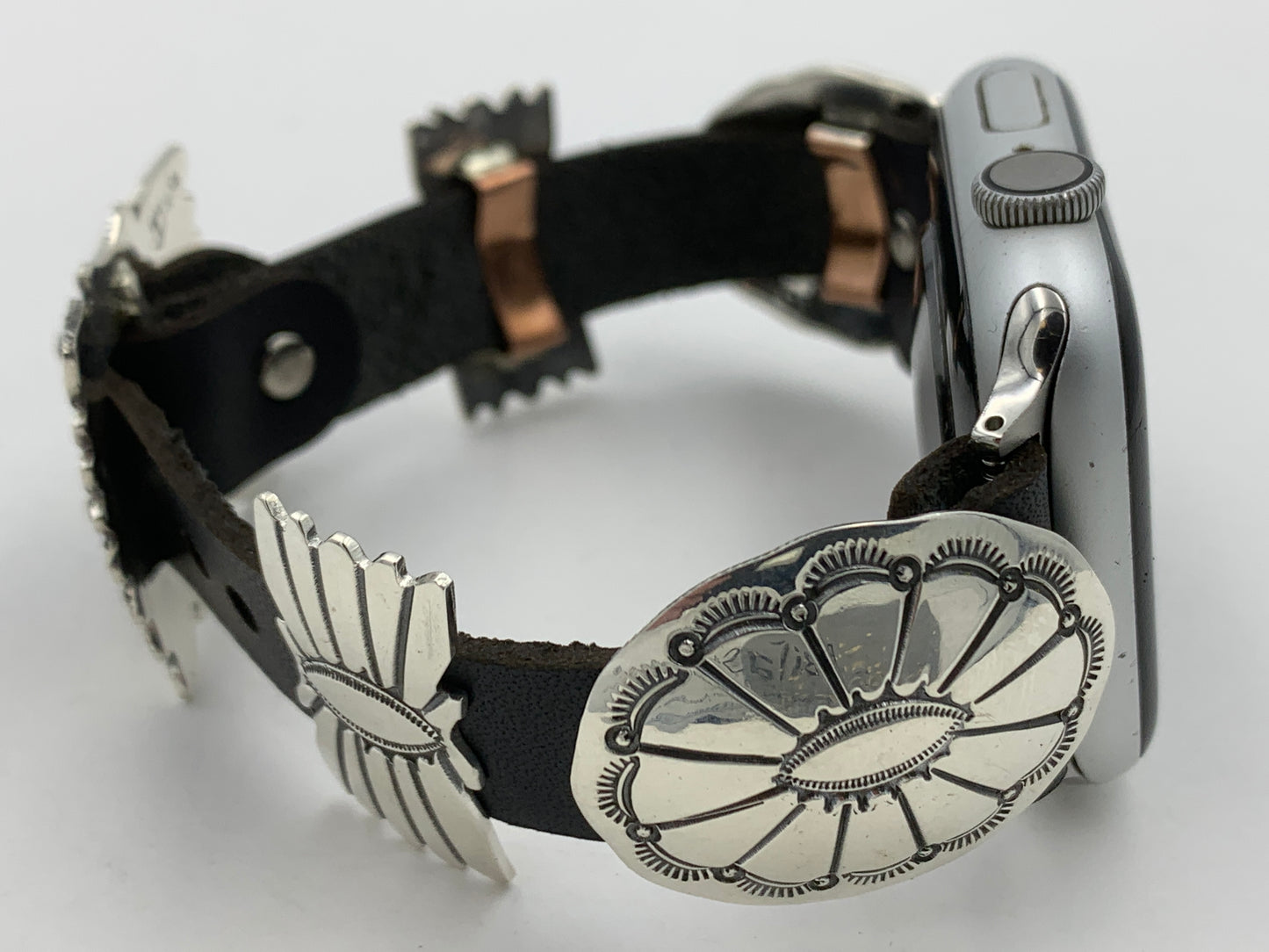 Jeanette Dale 42/44/45mm Sterling Silver Concho Leather Apple Watch Band #40