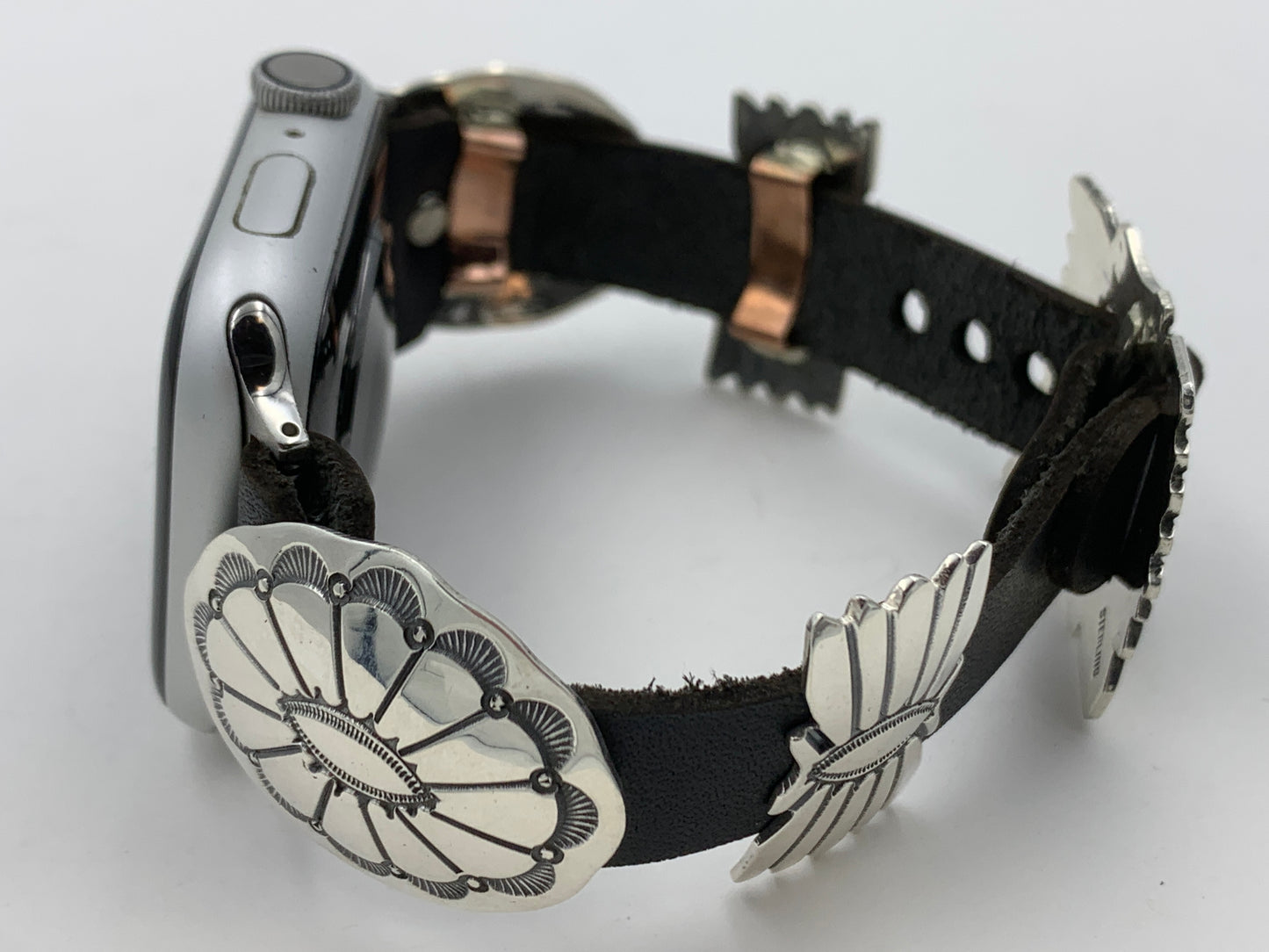 Jeanette Dale 42/44/45mm Sterling Silver Concho Leather Apple Watch Band #40
