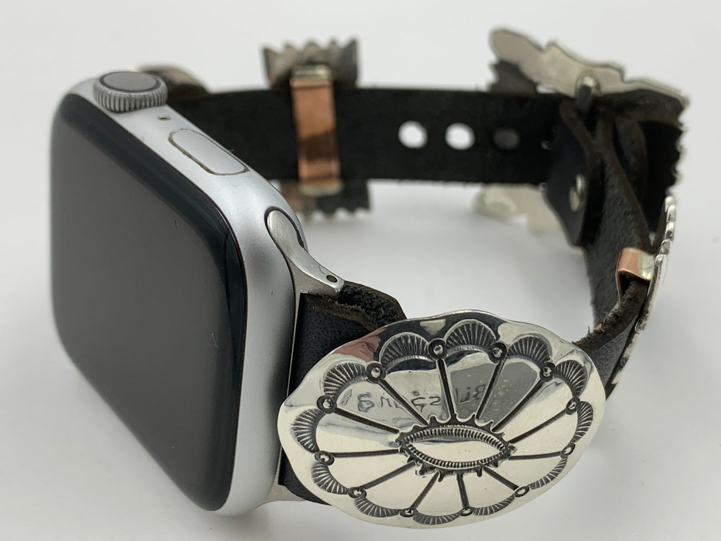 Jeanette Dale 42/44/45mm Sterling Silver Concho Leather Apple Watch Band #40