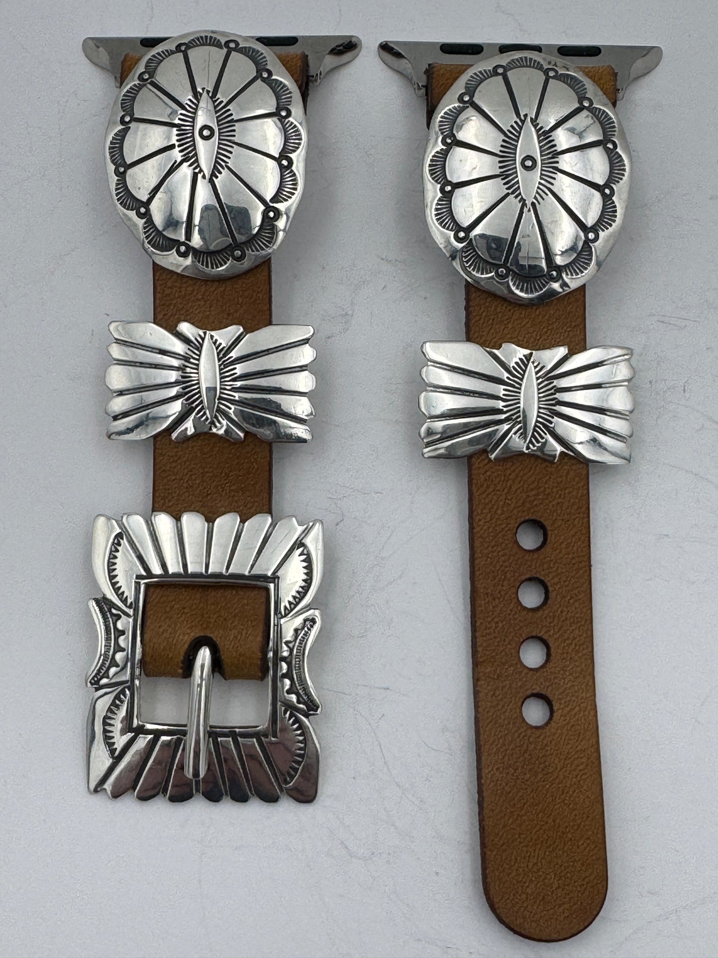 Jeanette Dale 42/44/45mm Sterling Silver Concho Leather Apple Watch Band #47