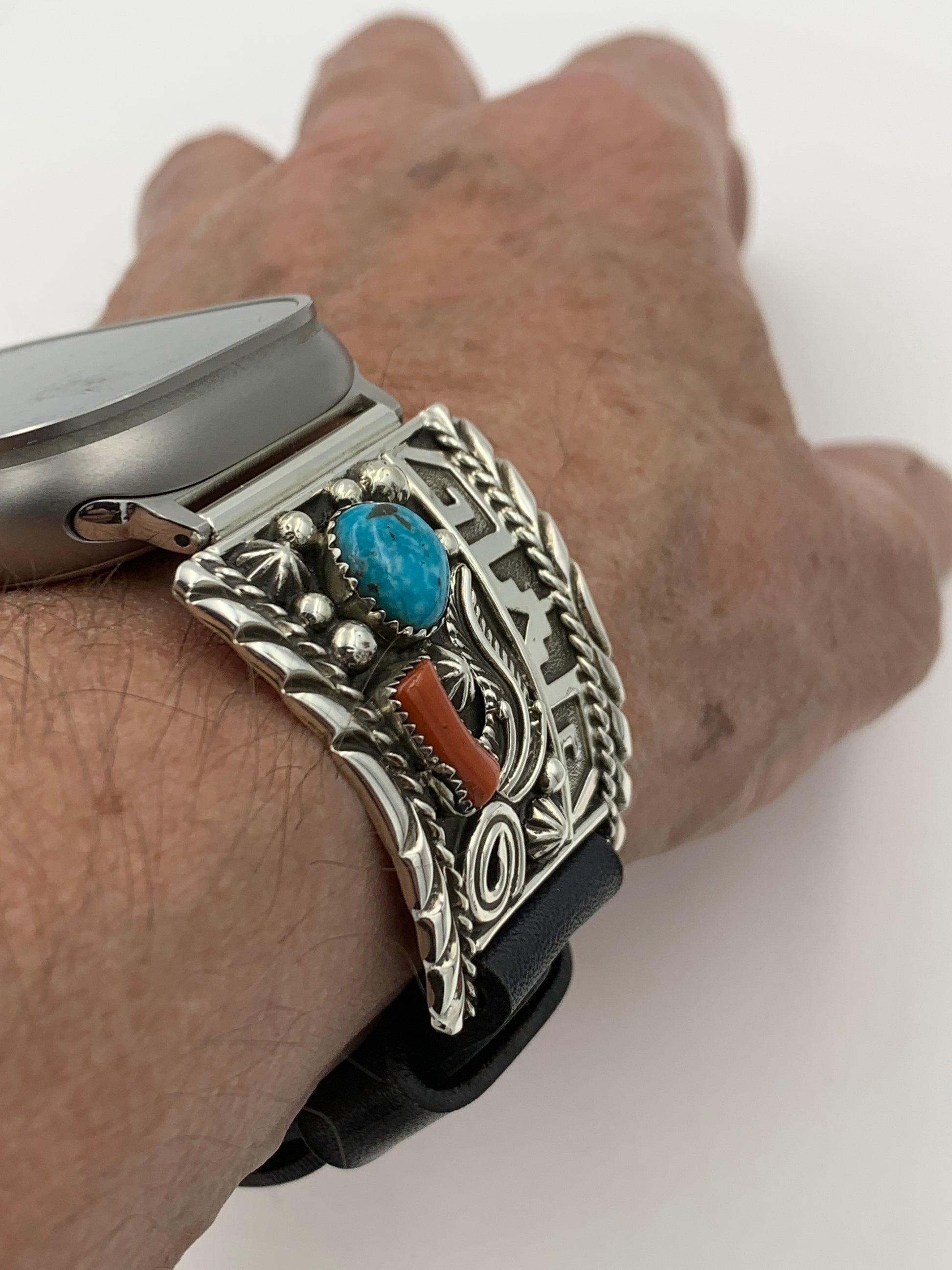 Market Square Jewelers Navajo Turquoise Coral Sterling Silver Watch Band Cuff