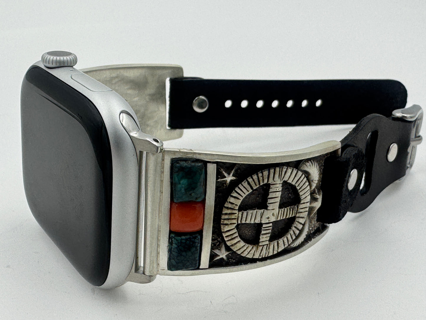 Tony Chino 42/44/45mm Unisex Sterling Silver Medicine Wheel Turquoise and Coral #52