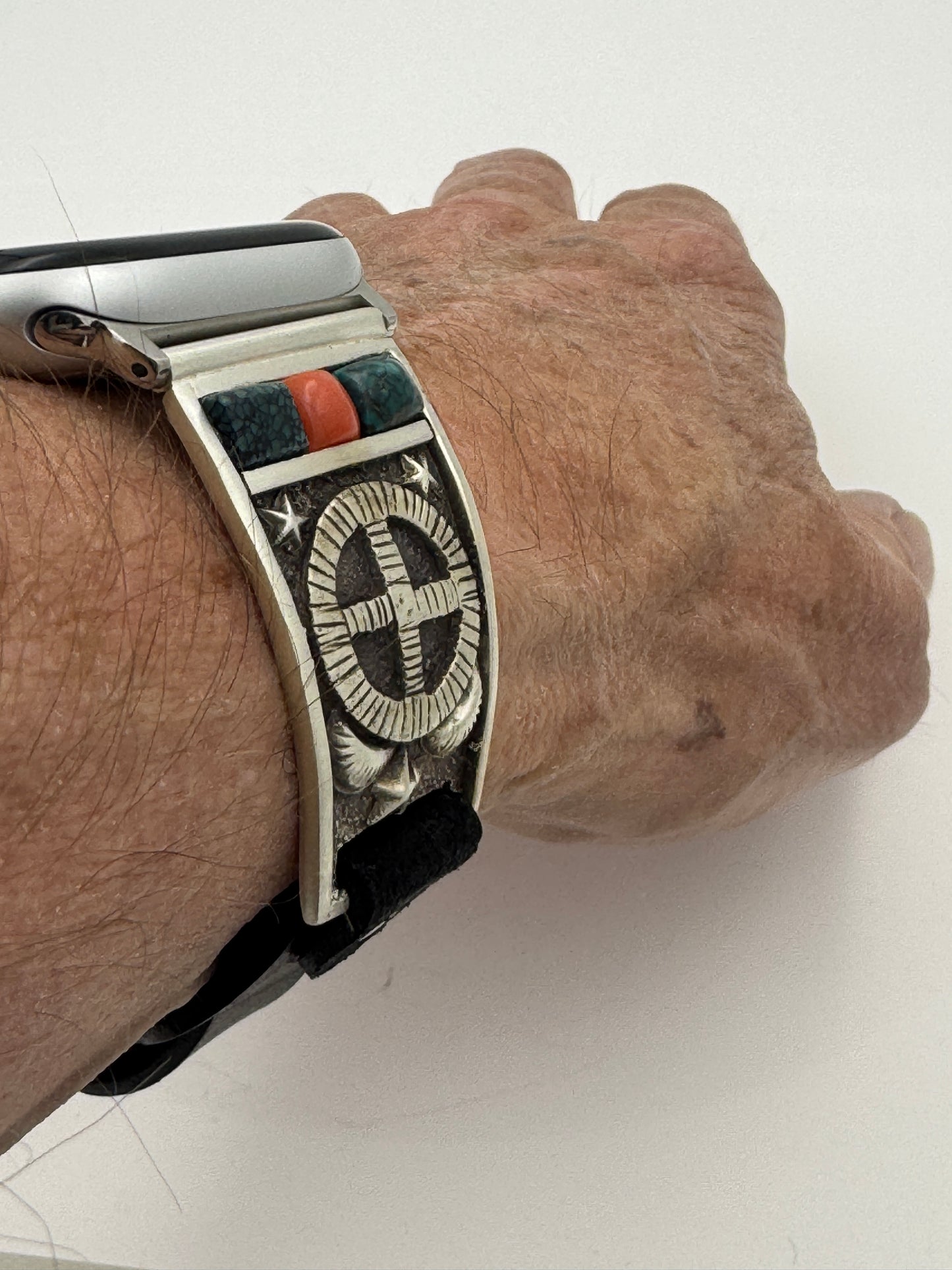 Tony Chino 42/44/45mm Unisex Sterling Silver Medicine Wheel Turquoise and Coral #52