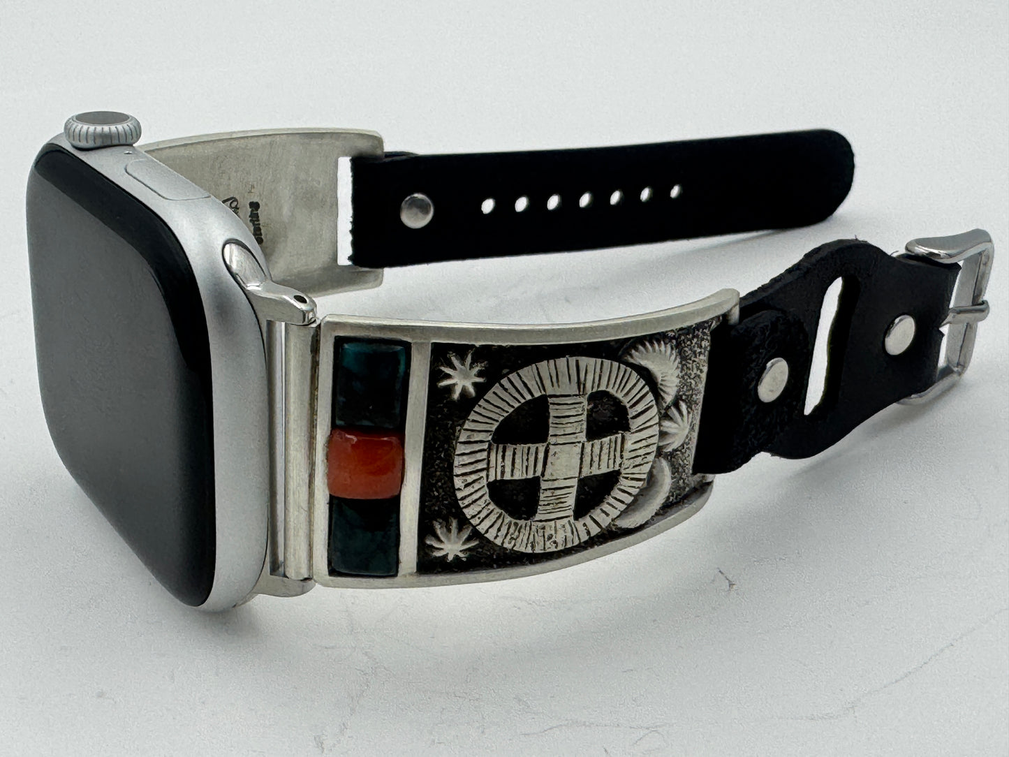 Tony Chino 42/44/45mm Unisex Sterling Silver Medicine Wheel Turquoise and Coral #51
