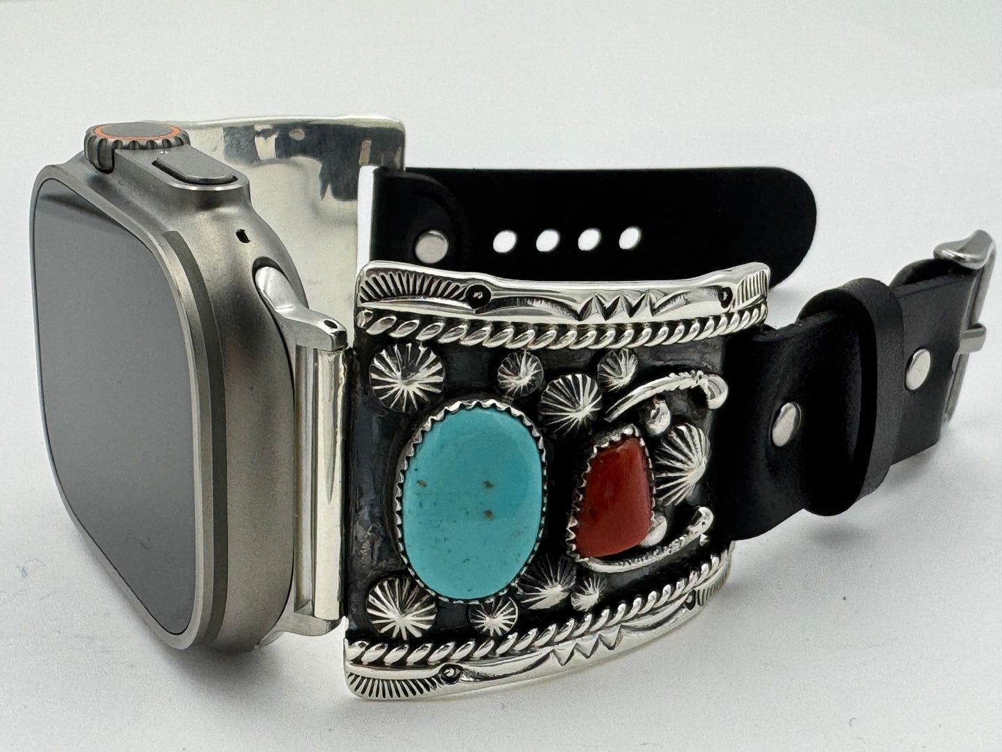 Jeanette Dale 42/44/45/46/49mm Sterling Silver Twisted Wire Turquoise and Coral Ultra #136