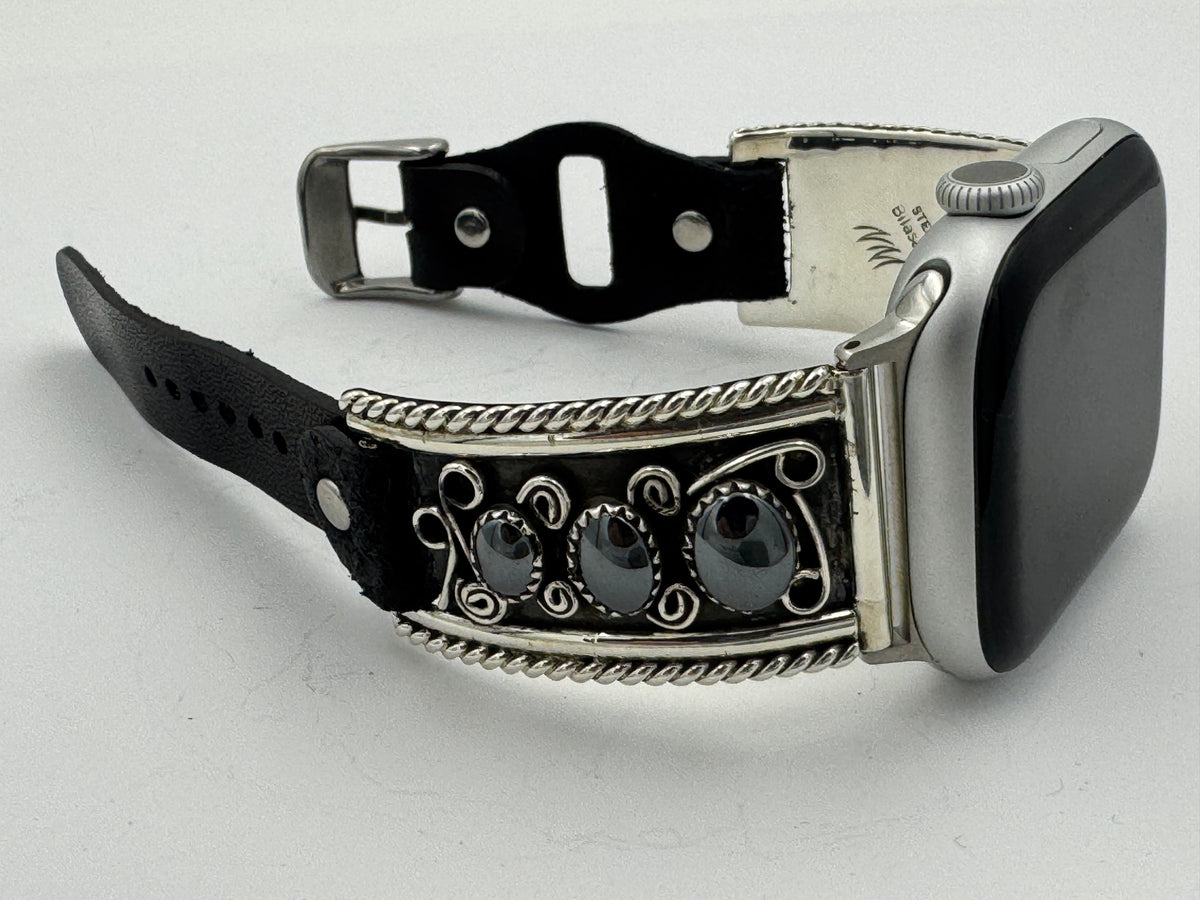 NATIVE AMERICAN STERLING/HEMATITE BANDS ON WORKING WATCH American Indian Artisans Still Make Silver Watch Accessories  main image 3