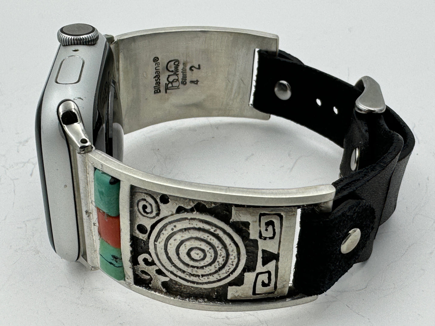 Tony Chino 38/40/41mm Unisex Sterling Silver Petroglyphs Turquoise and Coral #42