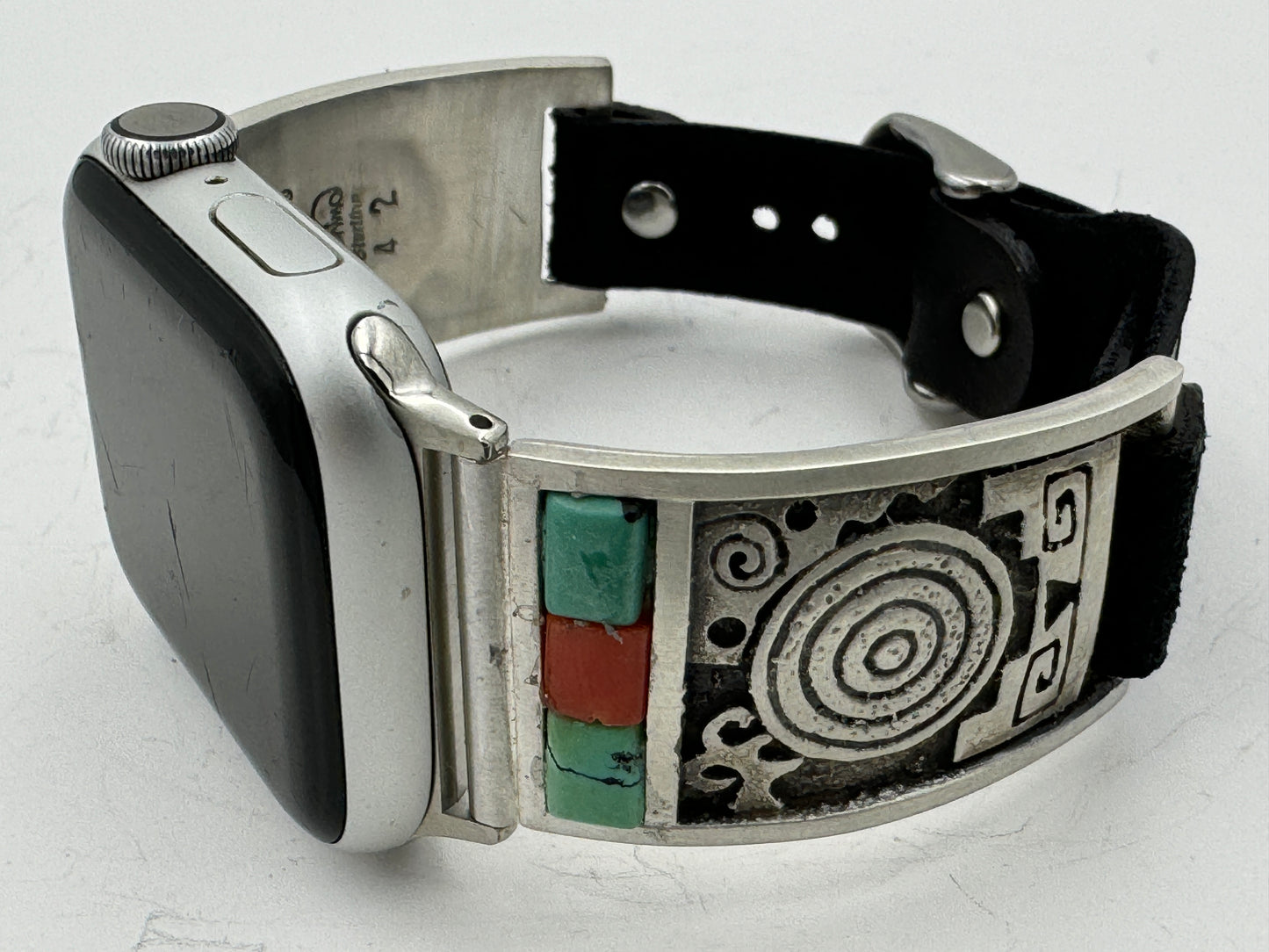 Tony Chino 38/40/41mm Unisex Sterling Silver Petroglyphs Turquoise and Coral #42