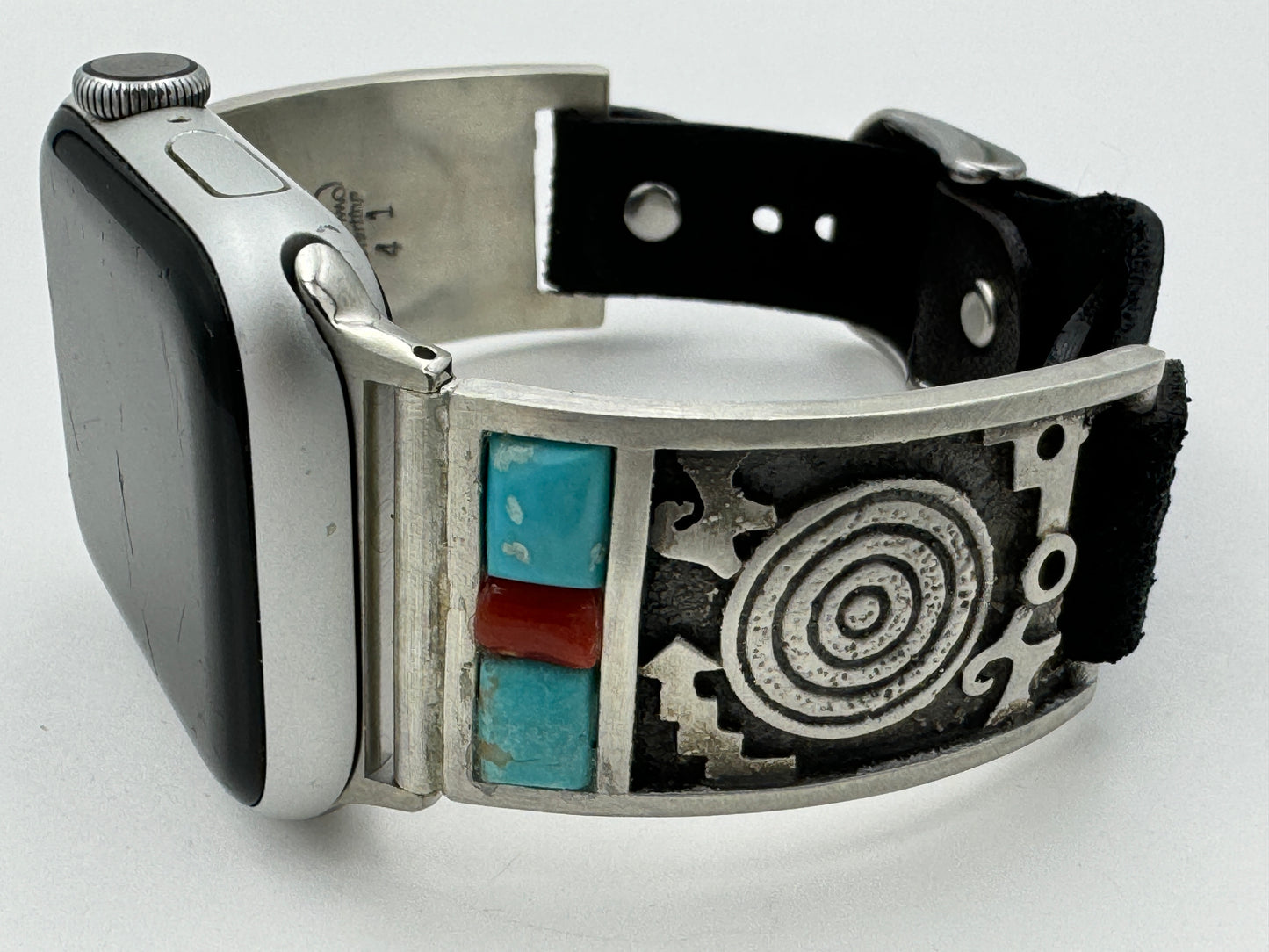 Tony Chino 38/40/41mm Unisex Sterling Silver Petroglyphs Turquoise and Coral #41